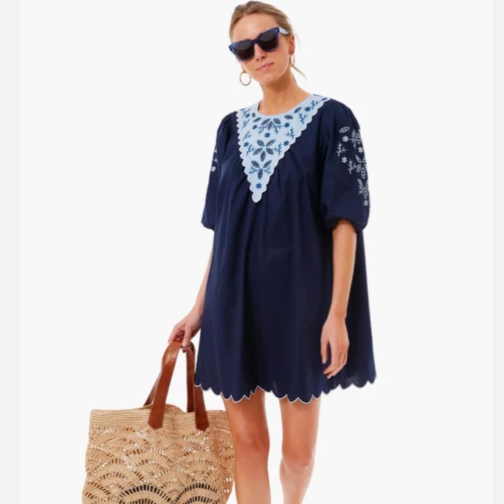 Pomander Place Navy Mini Dress with Light Blue Embroidered Yoke